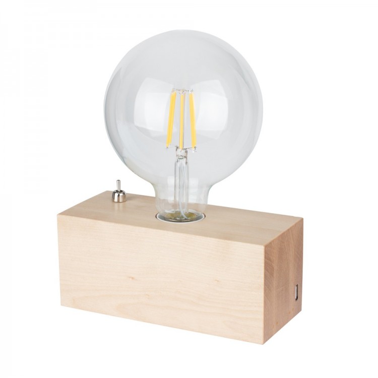 Lampe à poser en Bouleau Naturel, Design Cubic, Pour 1 Amp.+ Inter + chargeur USB, THEO