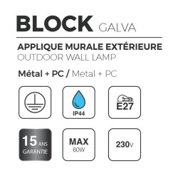 Hublot Extérieur BLOCK - Métal Galvanisé - Ampoule 1xE27 Maxi 60W - IP44 CLI 230V