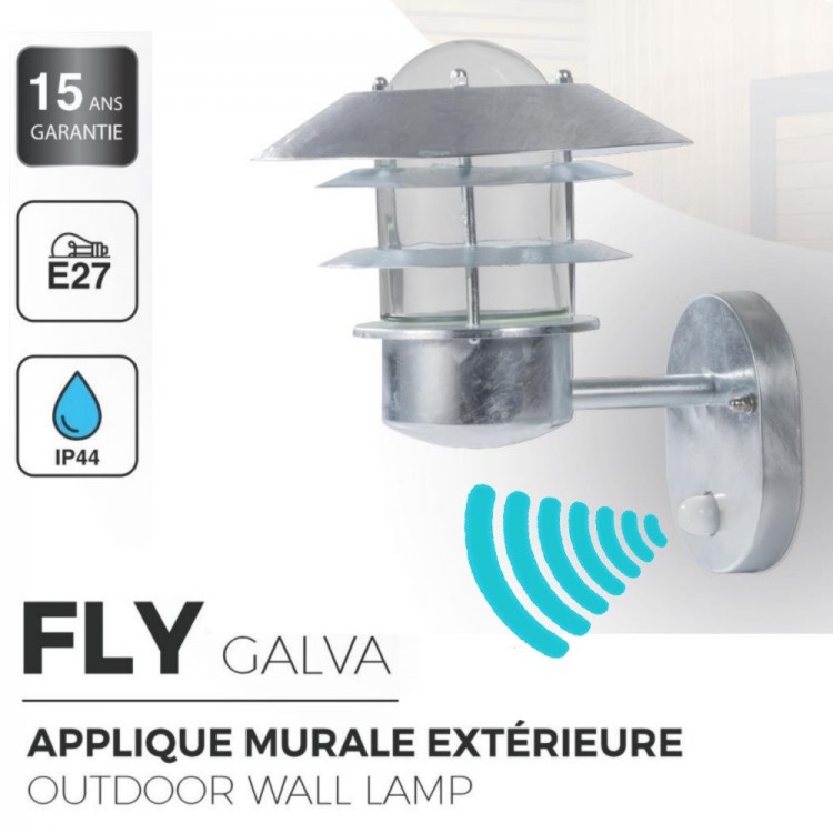 Applique  FLY - Détecteur - Montante - Métal Galvanisé - Ampoule 1xE27 Maxi 60W - IP44 CLI 230V